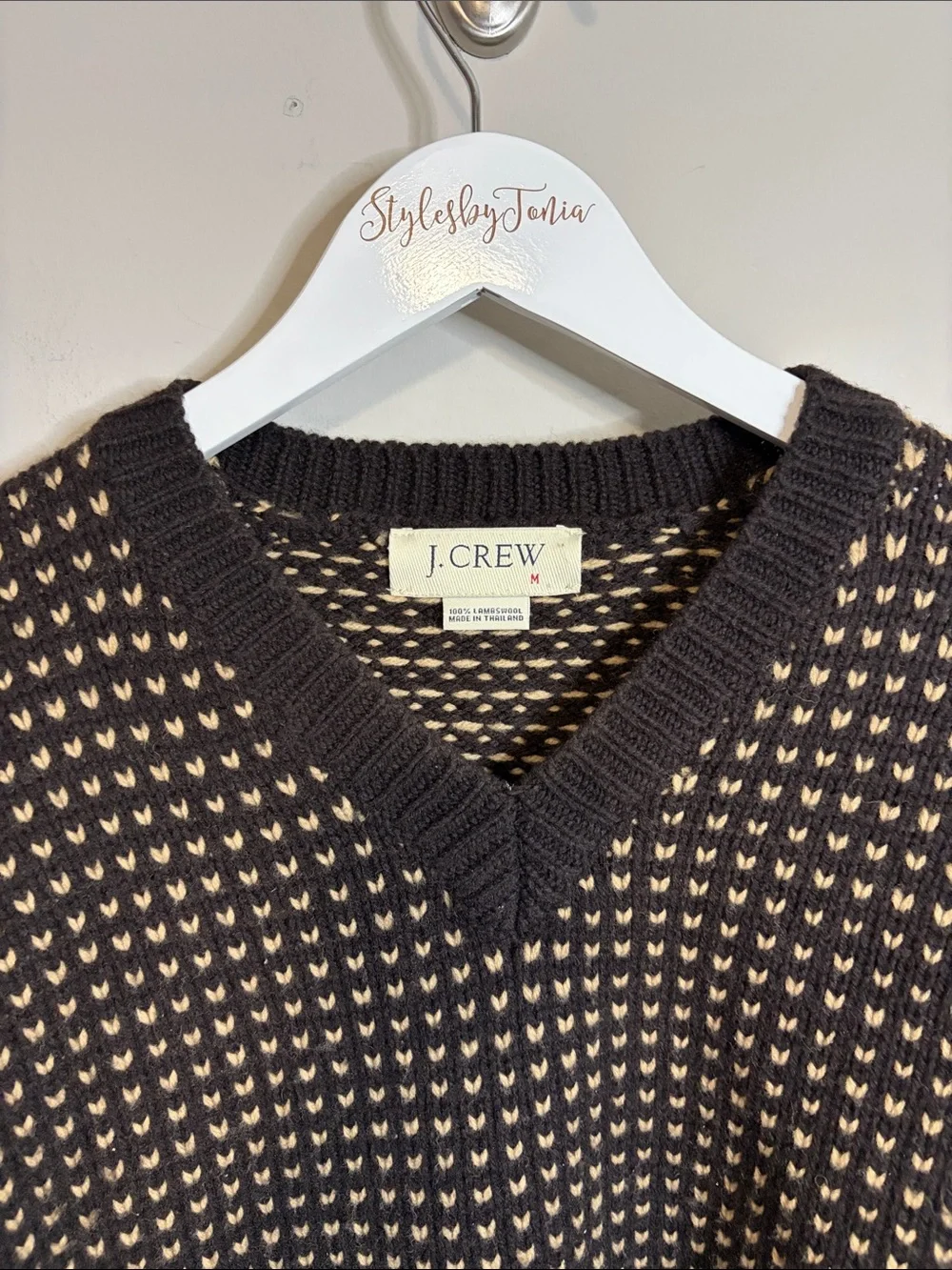 J Crew V neck sweater lambswool birdseye pattern brown tan mens vintage sz M